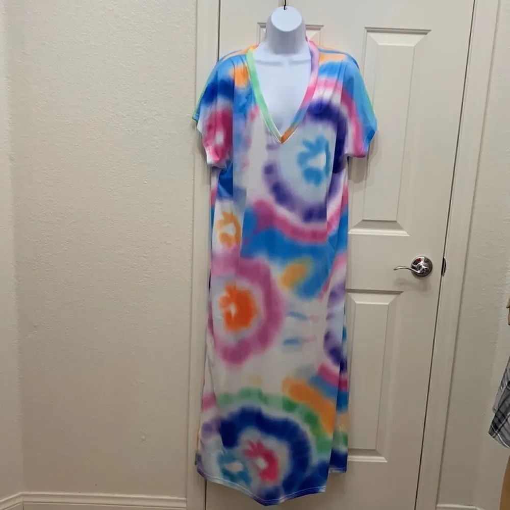 Miss Look 2 XL Tie Dye V Neck Pink Blue Short Sleeve Side Slit Maxi Womans Dress